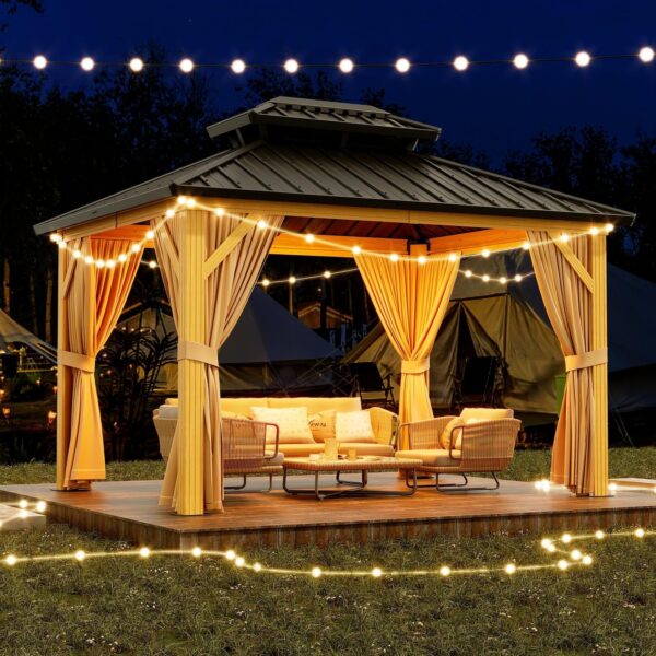 0fc2cde6b25449e3823581df57af0281 10X13 FT Outdoor Galvanised Steel Hardtop Gazebo, Heavy Duty Double Roof Outdoor Gazebo with Netting and Sunshade Curtains, Aluminium Framed Gazebo for Patio, Terrace, Lawn and Deck, Khaki