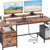 Furologee Computer Desk with Drawer and Power Outlets, 47′′ Office Desk with 2 Monitor Stands and Fabric File Cabinet, Writing Gaming Table with Shelves and 2 Hooks for Home Office, Rustic Brown