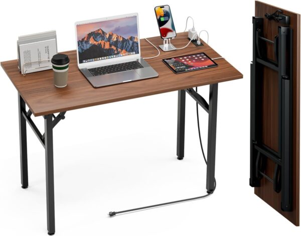 TEMI Small Computer Desk Folding Table – 35.8′′ Foldable Office Desk, No Assembly, Perfect for Small Spaces in Bedroom, Dorm, or Apartment, Portable Mini Desk or Study Table with Compact Design, Brown