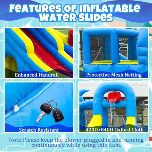 1089a7183eda4f408eea0b32ad7ac020 11-in-1 Inflatable Water Slide & Dolphin Bounce House w/2 Long Slides, 19.7 Ft x 13.1 Ft Extra Large Waterslide Climbing Wall w/Small Deeper Pool,Water Cannons,Hoop for Kids Backyard,550W Blower