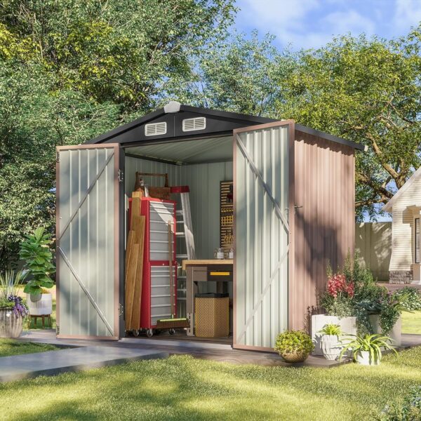 10a5840796d34cc89c59037f3ce54c8c Aoxun 6.2×4 FT Shed Outdoor Storage Shed Metal Garden Shed with Lockable Doors & Slooping Roof Tool Shed Bike Shed for Backyard, Patio, Poolside (Brown)