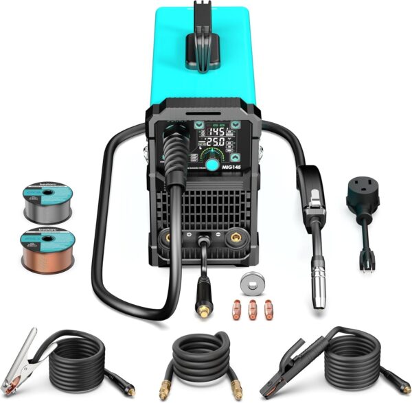 11998be44bb747739d98468836b6350b 145A MIG Welder, 110V/220V Dual Voltage Gas/Gasless Flux Core MIG Welder/Lift TIG/Stick 3 in 1 Synergic MIG145 9GEN Welding Machine, Flux/Solid Welder Digital Screen Display