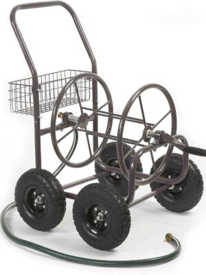 Liberty Garden Residential Grade Four Wheel 250 Foot Capacity Steel Frame Water Hose Reel Cart with Basket for Backyard, Garden, or Home, Brown, Bronze