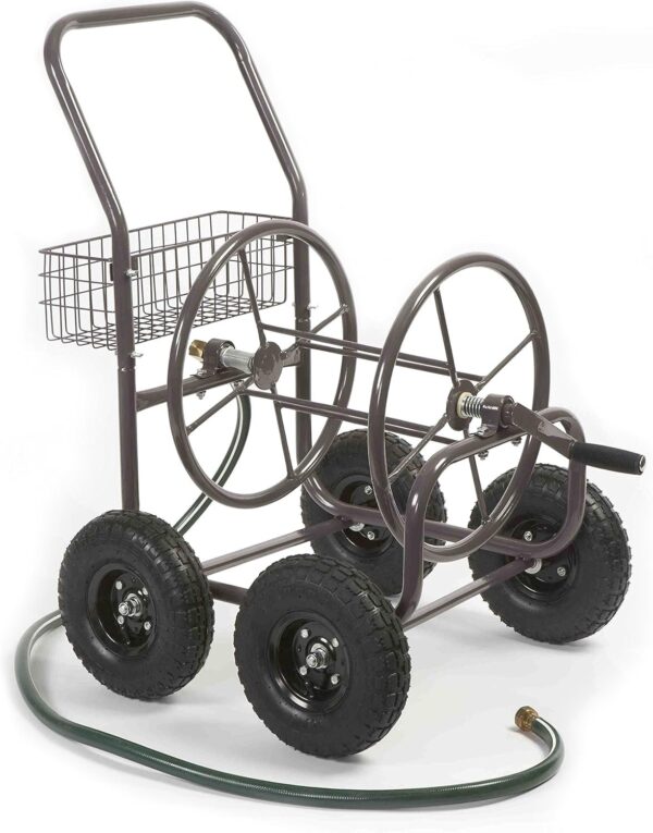 Liberty Garden Residential Grade Four Wheel 250 Foot Capacity Steel Frame Water Hose Reel Cart with Basket for Backyard, Garden, or Home, Brown, Bronze