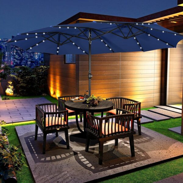 128a2e07e8d7436aa4435f20a6c0bf87 15 ft Large Patio Umbrella with Solar Lights Double-Sided Outdoor Rectangle Market Umbrellas with 36 LED Lights/Base Included/Easy Crank for Patio Garden Yard Pool Lawn, Brown
