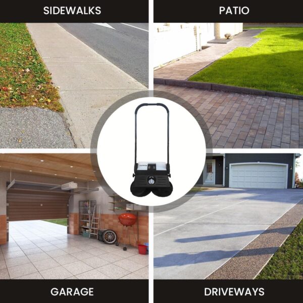 1317b6dce61e4f5aa54d43e6ca933433 Walk-Behind Outdoor Hand Push Floor Sweeper – 5.25 Gallon Capacity – 25.5′′ Sweeping Width – Sweeps up to 27,900 ft2 / Hour, Grey