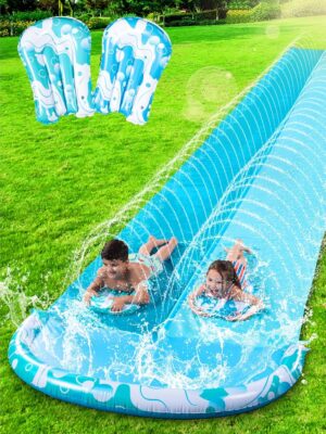 JOYIN 32.5FT Water Slide and 2 Inflatable Boards, Extra Long Double Lawn Heavy Duty Splash Mat Pad with Sprinkler for Kids Adults Backyard Summer Water Toy Outdoor Fun, Blue, Orange