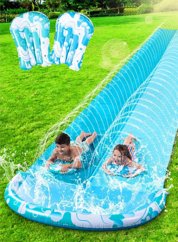 JOYIN 32.5FT Water Slide and 2 Inflatable Boards, Extra Long Double Lawn Heavy Duty Splash Mat Pad with Sprinkler for Kids Adults Backyard Summer Water Toy Outdoor Fun, Blue, Orange