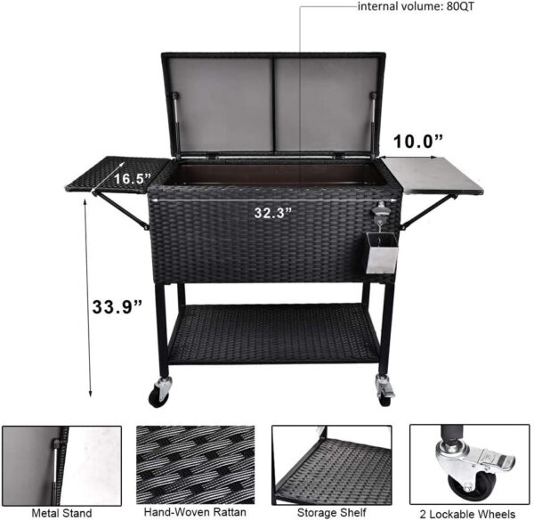 136ee410fdc9437da38a193787d603c5 80 Quart Rattan Rolling Cooler Cart, Portable Wicker Cooler Trolley, Backyard Party Drink Beverage Bar