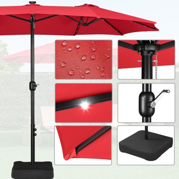 13ab5b866a534561bef1071b7a6559da 15 ft Large Patio Umbrella with Solar Lights Double-Sided Outdoor Rectangle Market Umbrellas with 36 LED Lights/Base Included/Easy Crank for Patio Garden Yard Pool Lawn, Brown