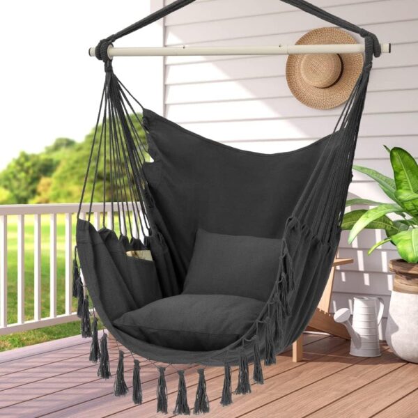 145e25f796d14bbaa0788837c9de1858 Y- Stop Hammock Chair Hanging Rope Swing, Max 500 Lbs, 2 Cushions Included, Large Macrame Hanging Chair with Pocket for Superior Comfort, with Hardware Kit (Beige)