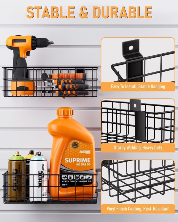 INCLY 30PCS Slatwall Accessories Set, Includes 4 Pack Ventilated Metal Wire Slatwall Baskets and 26PCS Multisized Heavy Duty Slatwall Hooks for Garage Rooms Shops Storage Organizing Display