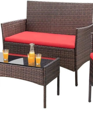 4 Pieces Patio Rattan Chair Wicker, Outdoor Indoor Use Backyard Porch Garden Poolside Balcony Furniture Sets (Red)