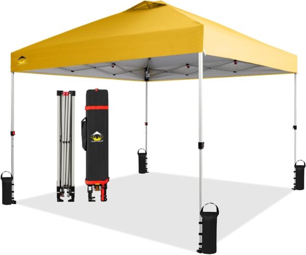 CROWN SHADES 10×10 Pop Up Canopy – Beach Tent with One Push Setup – Easy Outdoor Sun Shade for Events, Parties, Camping – Gazebo with STO-N-Go Cover Bag, Silver Coated Top, White