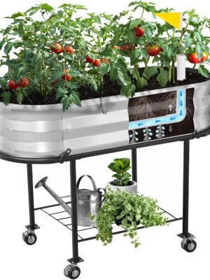 Raised Garden Bed with Legs and Wheels, Self-Watering Planter Box, Wicking Bed, Galvanized Metal Elevated Raised Bed Cart with Drainage Hole and Liner for Indoor Outdoor Gardening