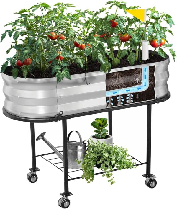 Raised Garden Bed with Legs and Wheels, Self-Watering Planter Box, Wicking Bed, Galvanized Metal Elevated Raised Bed Cart with Drainage Hole and Liner for Indoor Outdoor Gardening