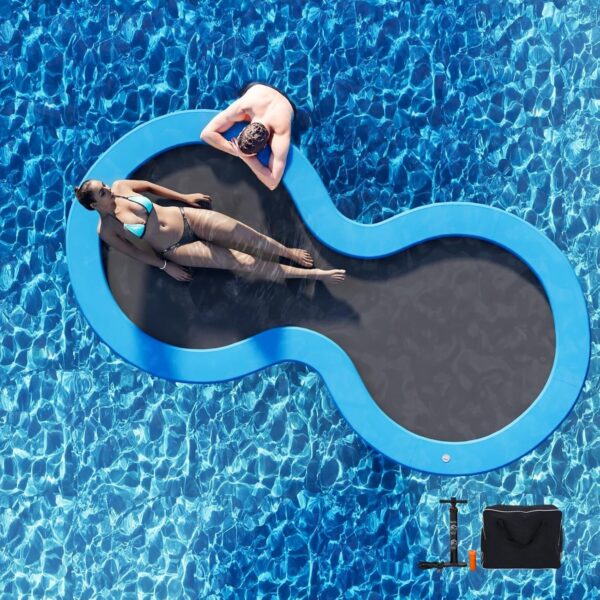 152e3360d98643a6bca3674bbce0f2ef Round Inflatable Floating Dock, Sunchill Float Ring, Hammock Tanning Pool with 4in Woven Fabric, Manual Pump for 1-2 Min Quick Inflate/Deflate, Fits 2-8, Ideal for Lakes, Pools, Oceans