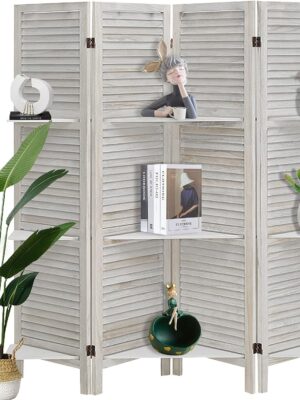 ECOMEX Room Divider 4 Panel, White with Shelves, Wall Dividers and Folding Privacy Screens