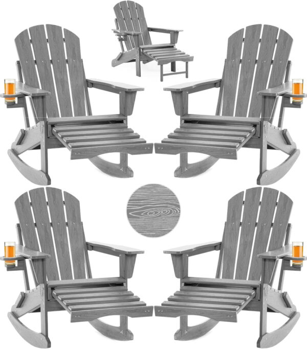 1633fb9683fe48e4b077942fb48ad2be Folding Adirondack Rocking Chair,4-in-1 Multifunctional Patio Chair with Retractable Ottoman, Outdoor Chair Wood Texture, Lawn Chair for Porch, Backyard, Pool(Grey)