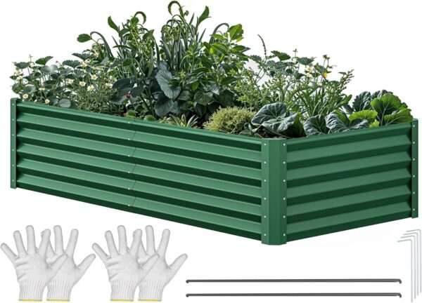 8x4x2ft 2pcs Large Raised Garden Bed Kit, Galvanized Metal Planter Box with Gloves, Ground Nails & Safety Rubber, Outdoor Above Ground Planters for Plants Vegetables Flowers, Green