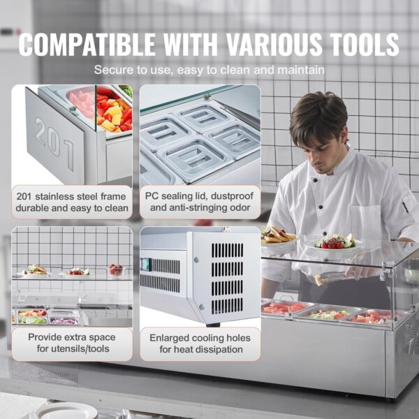 166b9079aaf94a479e512f2ba15ed3ab Refrigerated Condiment Prep Station, 135 W Countertop Refrigerated Condiment Station, with 2 1/3 Pans & 4 1/6 Pans, 304 Stainless Body and PC Lid, Sandwich Prep Table with Stainless Guard, ETL