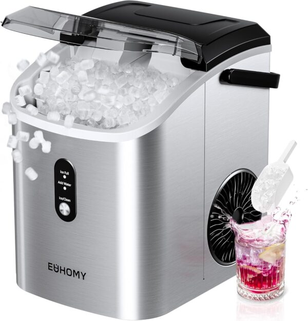 Nugget Ice Maker Countertop with Handle, Ready in 6 Mins, 34lbs Per Day, Removable Top Cover, Auto-Cleaning, Portable Sonic Ice Maker with Basket and Scoop, for Home/Party/RV/Camping (Black)