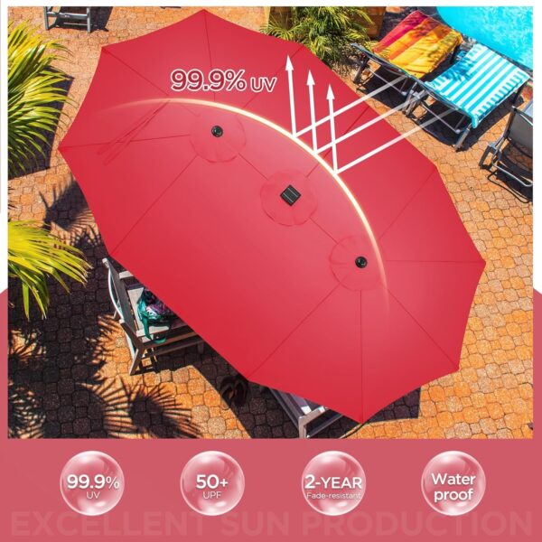 1819188178a44721bc08dad558b1d527 15 ft Large Patio Umbrella with Solar Lights Double-Sided Outdoor Rectangle Market Umbrellas with 36 LED Lights/Base Included/Easy Crank for Patio Garden Yard Pool Lawn, Brown