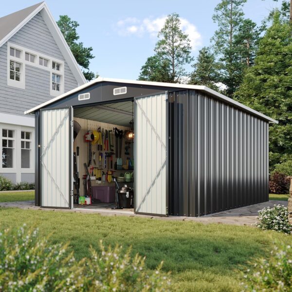 18478b0a7ff248dd910e18f4a8da5774 Aoxun 6.2×4 FT Shed Outdoor Storage Shed Metal Garden Shed with Lockable Doors & Slooping Roof Tool Shed Bike Shed for Backyard, Patio, Poolside (Brown)