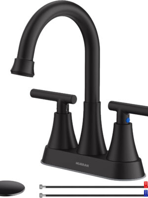 Bathroom Faucets for Sink 3 Hole, Hurran 4 inch Matte Black Bathroom Sink Faucet with Pop-up Drain