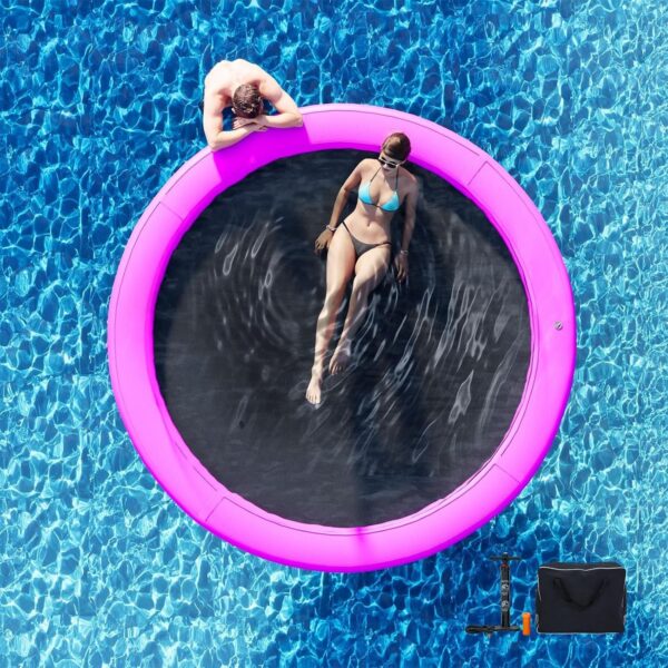 19a2b9f584474152bf961bbef0ae2a08 Round Inflatable Floating Dock, Sunchill Float Ring, Hammock Tanning Pool with 4in Woven Fabric, Manual Pump for 1-2 Min Quick Inflate/Deflate, Fits 2-8, Ideal for Lakes, Pools, Oceans