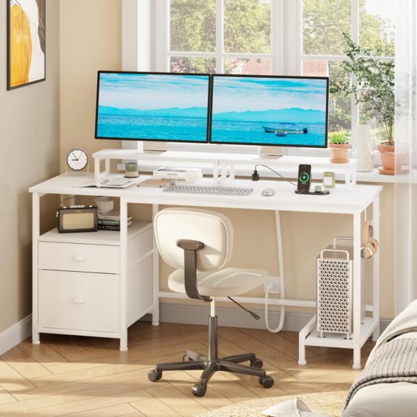 19d46fcbae634fd295ab0cfeede59107 Furologee Computer Desk with Drawer and Power Outlets, 47′′ Office Desk with 2 Monitor Stands and Fabric File Cabinet, Writing Gaming Table with Shelves and 2 Hooks for Home Office, Rustic Brown