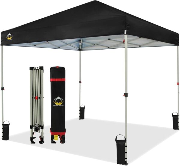 CROWN SHADES 10×10 Pop Up Canopy – Beach Tent with One Push Setup – Easy Outdoor Sun Shade for Events, Parties, Camping – Gazebo with STO-N-Go Cover Bag, Silver Coated Top, White