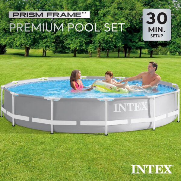 Intex Above Ground Swimming Pool, 12′ x 30′′, Prism Frame, Gray – Large Backyard Outdoor Round Summer Pool for Family, Easy Set Up, 24-Inch Deep Water
