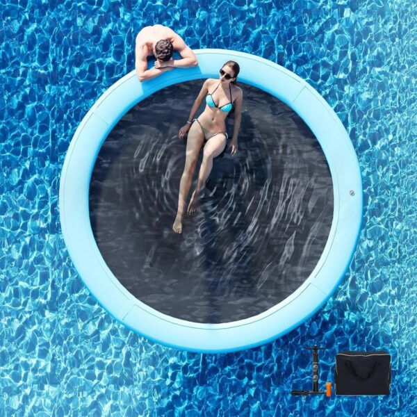 1a5a66c73362489cb15be8cdce0ffe84 Round Inflatable Floating Dock, Sunchill Float Ring, Hammock Tanning Pool with 4in Woven Fabric, Manual Pump for 1-2 Min Quick Inflate/Deflate, Fits 2-8, Ideal for Lakes, Pools, Oceans