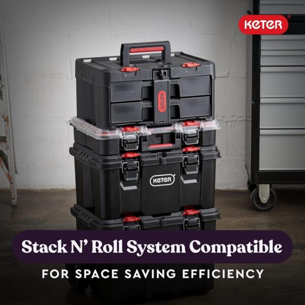 Keter Stack-n-Roll Modular Tools Organizer for Garage Storage and DIY, 3 Piece Resin Rolling Tool Box System for Small Parts