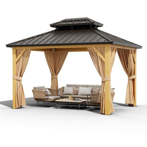 1aa41eeee52f472b928dc38e5878bdb2 10X13 FT Outdoor Galvanised Steel Hardtop Gazebo, Heavy Duty Double Roof Outdoor Gazebo with Netting and Sunshade Curtains, Aluminium Framed Gazebo for Patio, Terrace, Lawn and Deck, Khaki