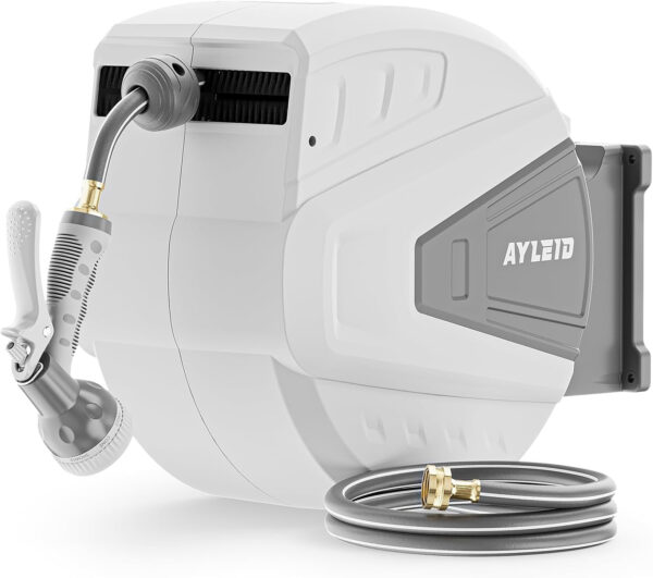 1b08aaec20fb47fd96bd8b7cb2c7a822 Ayleid Retractable Garden Hose Reel,1/2 in x 100 ft Wall Mounted Hose Reel, with 9- Function Sprayer Nozzle, Any Length Lock/Slow Return System/Wall Mounted/180°Swivel Bracket (Grey)