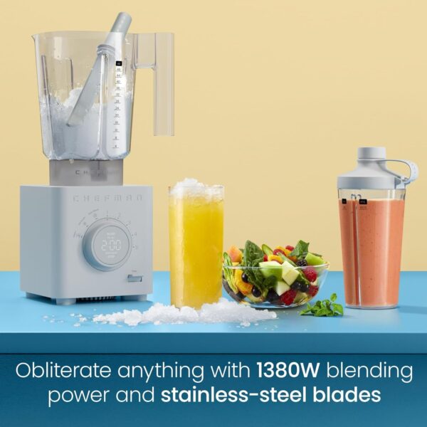 Chefman Obliterator 48 oz Countertop Blender for Smoothies, 1380W Motor to Crush Ice, Nuts, and Frozen Fruit with Stainless Steel Blade, Auto Blend Function, Includes 20 oz Travel Jar – Midnight