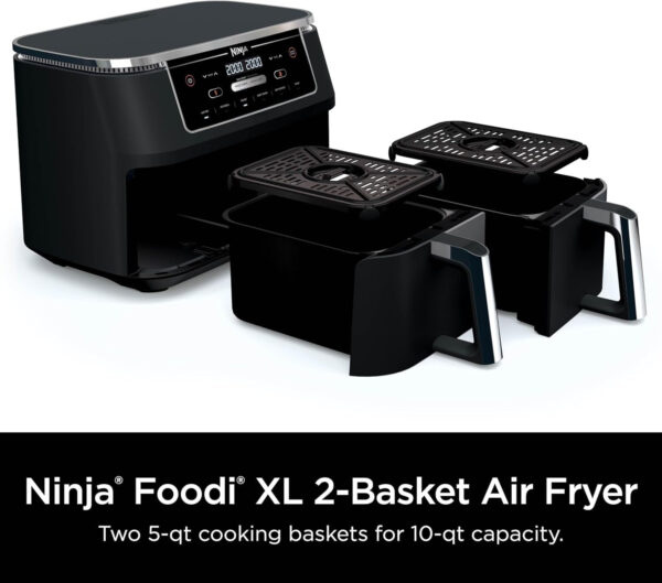 1bcd63c8e0eb44eaa68ec1b7f605836b DZ401 Foodi 10 Quart 6-in-1 DualZone XL 2-Basket Air Fryer with 2 Independent Frying Baskets, Match Cook & Smart Finish to Roast, Broil, Dehydrate for Quick, Easy Family-Sized Meals, Grey