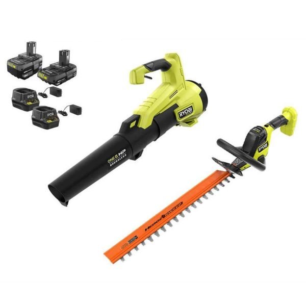 ONE+ HP 18V Brushless 110 MPH 350 CFM Cordless Leaf Blower and 22 in. Hedge Trimmer with (2) Batteries and (2) Chargers
