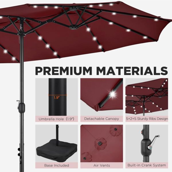 1c23a20d9c65495e996648a9de831b84 15 ft Large Patio Umbrella with Solar Lights Double-Sided Outdoor Rectangle Market Umbrellas with 36 LED Lights/Base Included/Easy Crank for Patio Garden Yard Pool Lawn, Brown