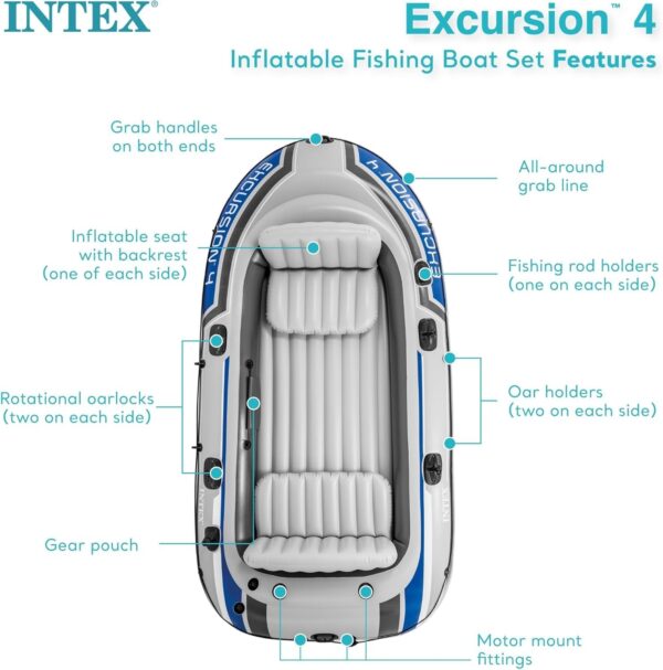INTEX Excursion Inflatable Boat Series: Includes Deluxe 54in Boat Oars and High-Output Pump – SuperTough PVC – Adjustable Seats with Backrest – Fishing Rod Holders – Welded Oar Locks