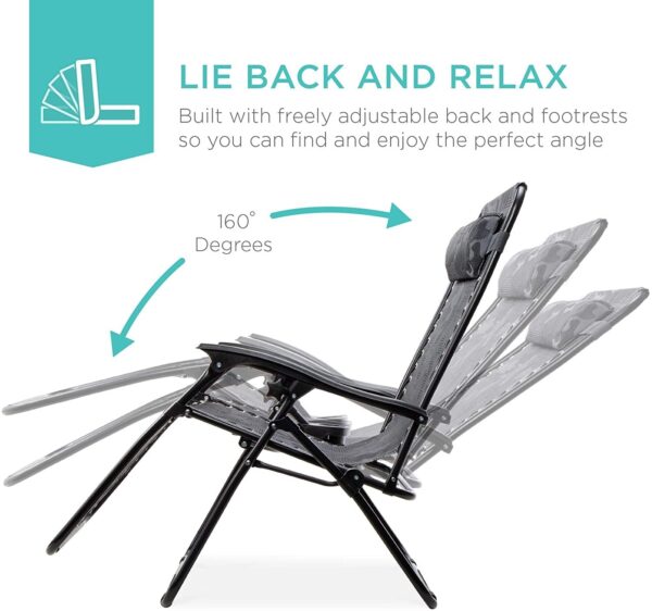 set of 2 adjustable steel mesh zero gravity lounge chair recliners w pillows and cup holder trays
