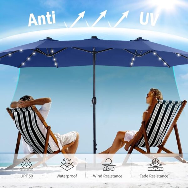 1e57263aeabd43d88e6c8fa2ebf9fc5a 15ft Double Sided Patio Umbrella with Solar Lights, Outdoor Large Umbrellas with Crank Handle and 36 LED Lights, Rectangular Market Umbrella with Base Included for Deck Pool Shade