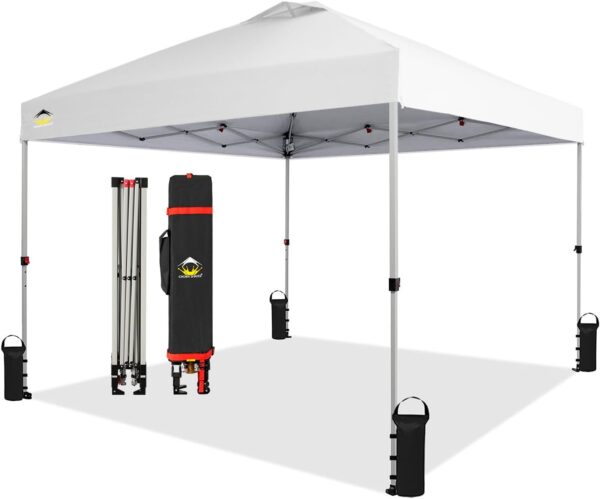 CROWN SHADES 10×10 Pop Up Canopy – Beach Tent with One Push Setup – Easy Outdoor Sun Shade for Events, Parties, Camping – Gazebo with STO-N-Go Cover Bag, Silver Coated Top, White