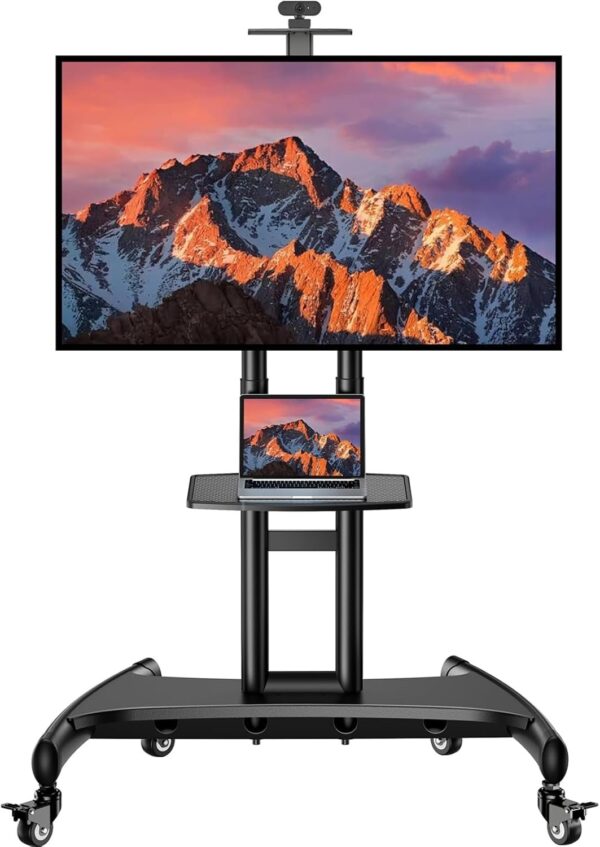 Rolling/Mobile TV Cart with Wheels for 32-82 Inch LCD LED 4K Flat Screen TVs – TV Floor Stand with Shelf Holds Up to 100 lbs, Height Adjustable Trolley Max VESA 600x400mm- PSTVMC05