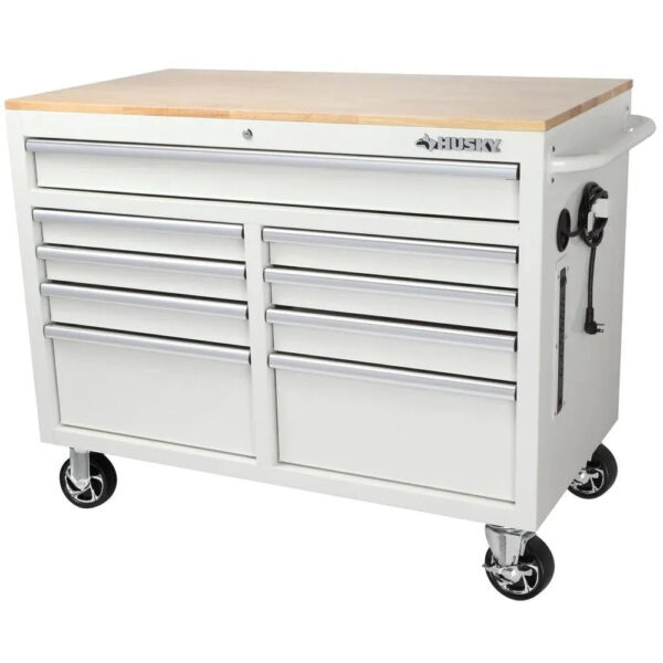 1ea0535794cc466ea6ae52ad178418e1 46 in. W x 24.5 in. D 9-Drawer Gloss Black Deep Tool Chest Mobile Workbench with Hardwood Top and Power Station