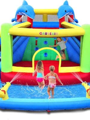 Inflatable Bounce House with Double Slide,Dolphin Styling,Splashing Pool,Double Water Cannon,Climbing Wall,Heavy Duty GFCI Blower,Inflatable Water Park Slide for Kids Backyard Summer