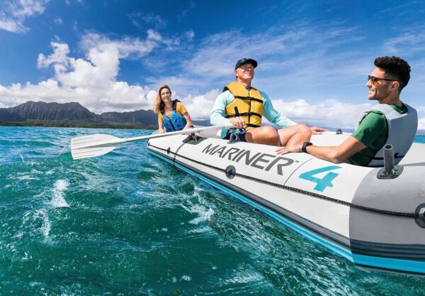 INTEX 68376EP Mariner 4 Inflatable Boat Set: Includes Deluxe 54in Boat Oars and High-Output Pump – Wear-Resistant Keel – Removable Fishing Rod Holders – 4-Person – 1100lb Weight Capacity