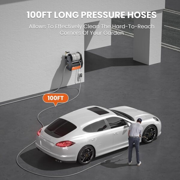 Pressure Washer Pro, Electric Wall Mount Power Washer with 100FT Retractable Pressure Hoses, 3300PSI, 1.6GPM, 4 Nozzles, Foam Cannon for Cars/Patios, Dark Silver